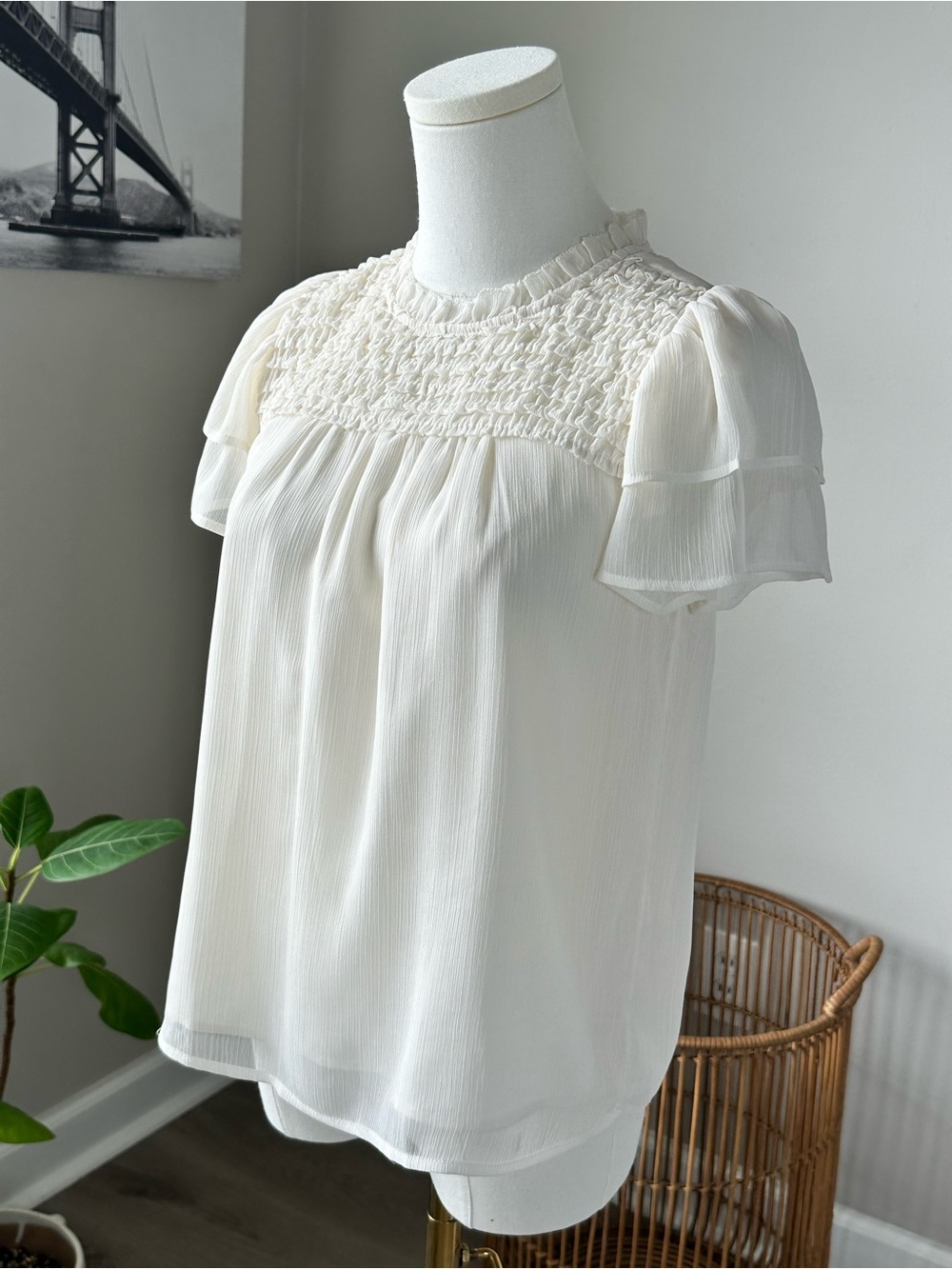 LOFT Cream Smocked Yoke Flutter Sleeve Blouse
